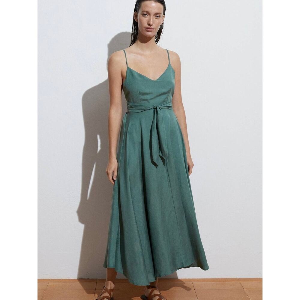 Oysho Linen Blend Open Back Grayish Green Summer Midi Maxi Dress Size Small